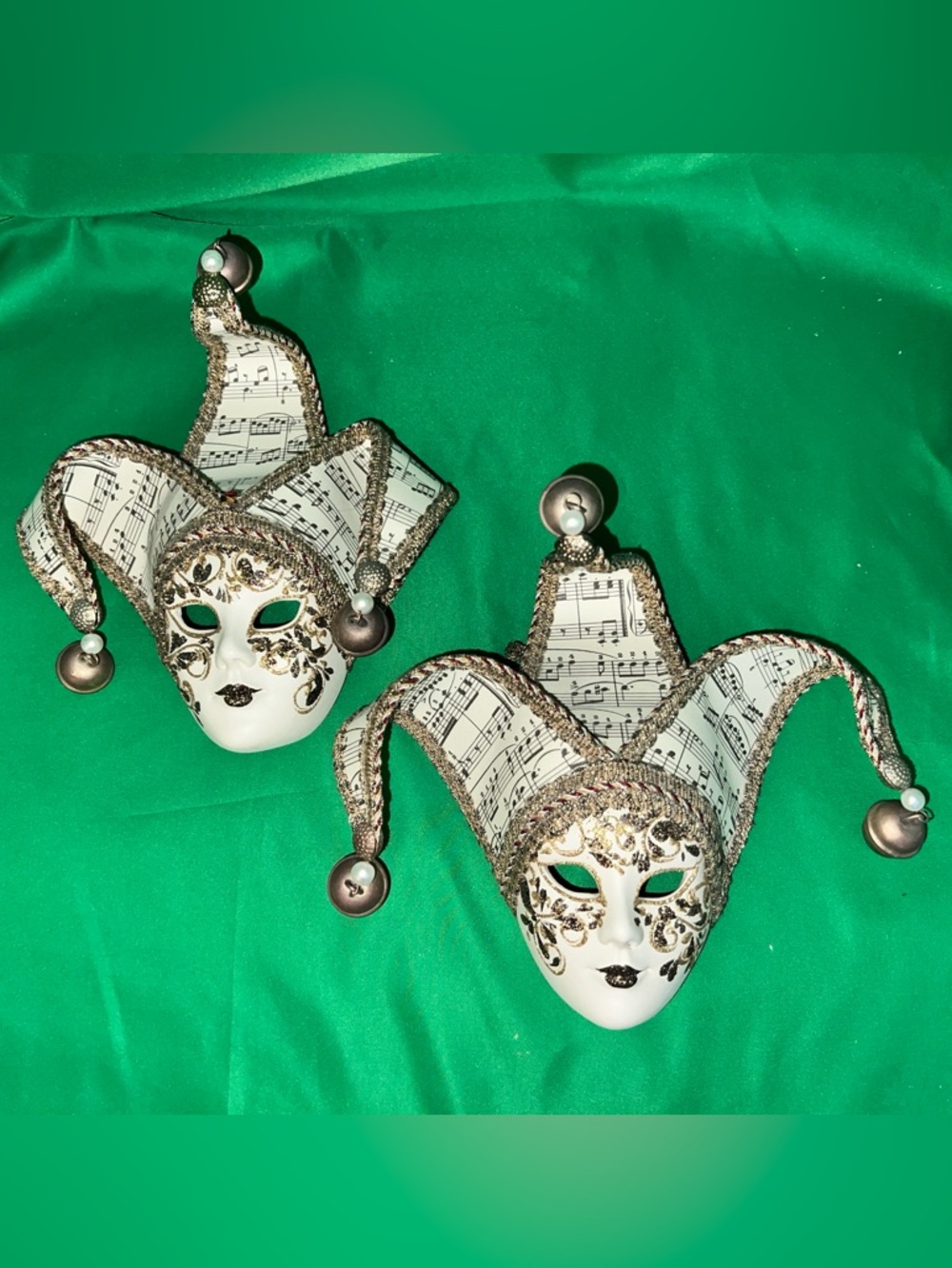 Pair of Venetian Jester Mask Wall Decor in Ivory and Gold with Sheet Music